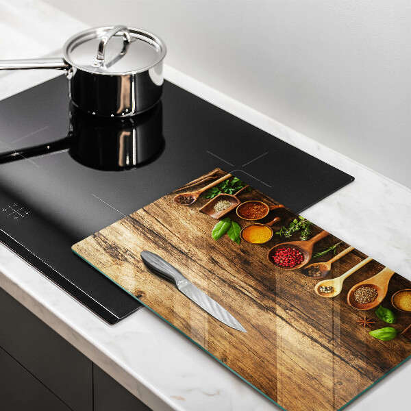 Deska kuchenna szklana Drewniane łyżki przyprawy