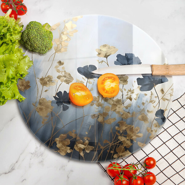 Deska kuchenna szklana Niebieskie i złote kwiaty