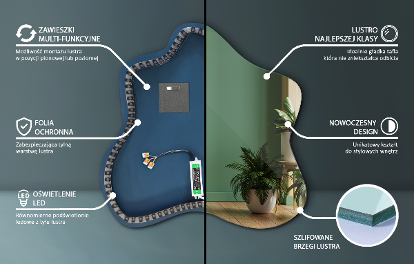 Lustro asymetryczny kleks LED 68x67 cm