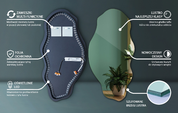 Nieregularne lustro podświetlane ścienne 45x90 cm