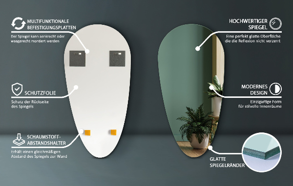 Lustro wiszące asymetryczne łezka bez ramy 45x90 cm