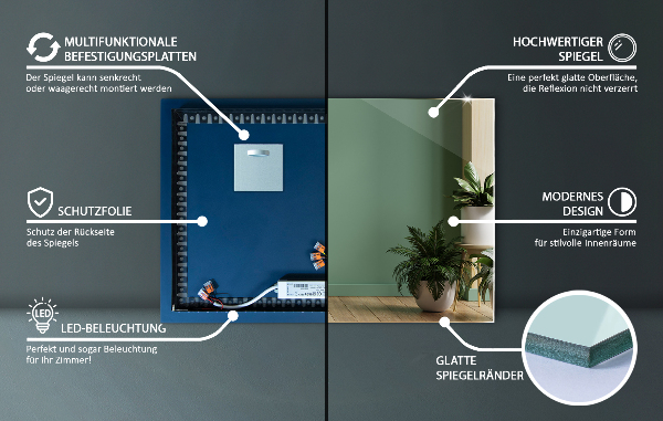 Lustro dekoracyjne prostokątne z podświetleniem LED 50x50 cm