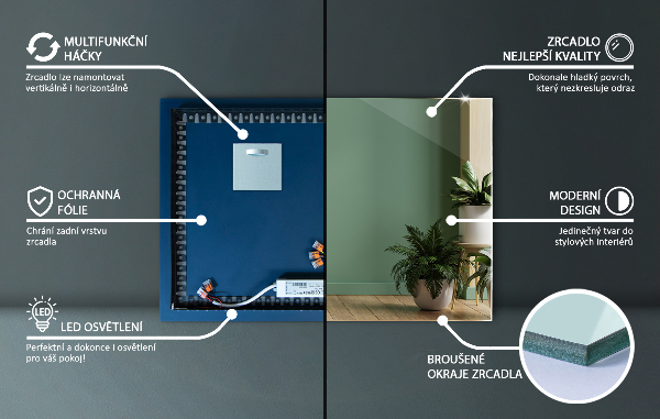Lustro dekoracyjne prostokątne z podświetleniem LED 50x50 cm