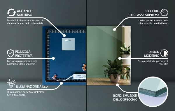 Lustro dekoracyjne prostokątne z podświetleniem LED 50x50 cm