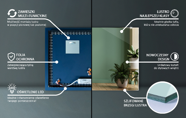 Lustro prostokątne z podświetleniem LED 60x40 cm