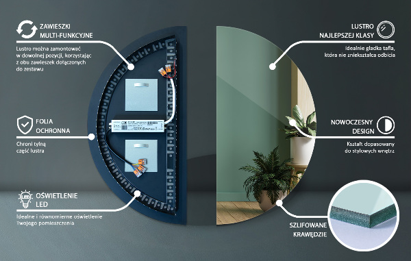 Lustro półokrągłe z podświetleniem led 25x50 cm
