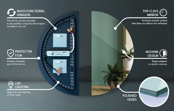 Lustro półokrągłe led 40x80 cm