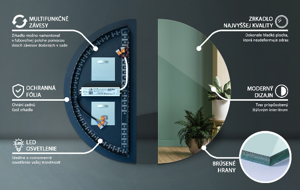 Lustro półkole z podświetleniem led 45x90 cm