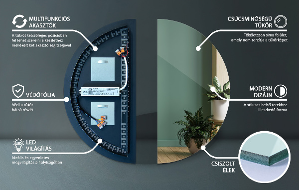 Lustro pół koła led na ścianę 50x100 cm