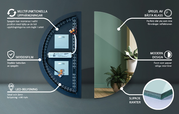 Lustro pół koła led na ścianę 50x100 cm
