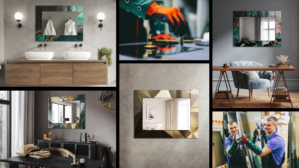 Lustro z drukowaną ramką prostokątne Ściana wyłożona drewnianymi panelami