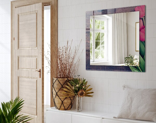 Lustro z nadrukiem prostokątne Drewno z różowymi tulipanami