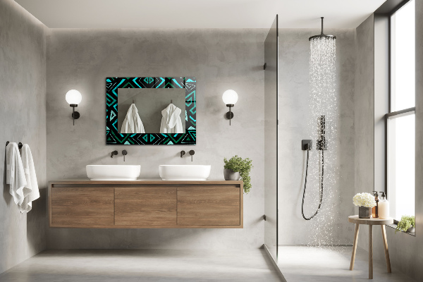 Lustro z drukowaną ramką prostokątne Motywy geometryczne w kolorze turkusowym