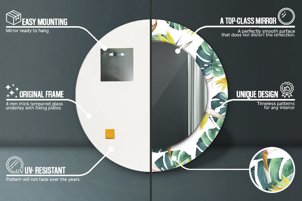 Lustro z drukowaną ramką okrągłe Liście tropikalne