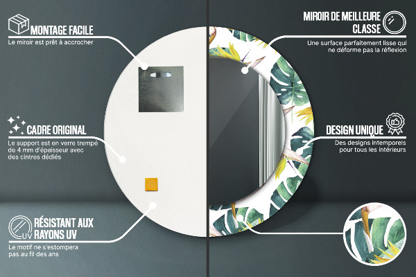 Lustro z drukowaną ramką okrągłe Liście tropikalne
