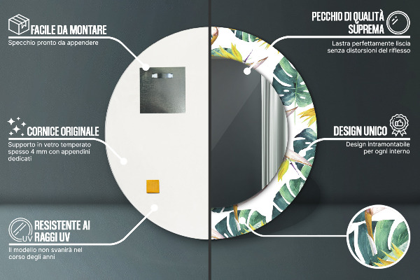 Lustro z drukowaną ramką okrągłe Liście tropikalne