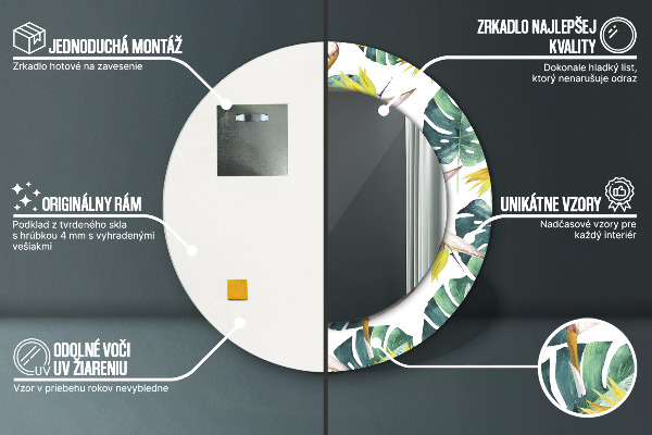 Lustro z drukowaną ramką okrągłe Liście tropikalne