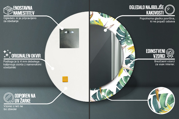 Lustro z drukowaną ramką okrągłe Liście tropikalne