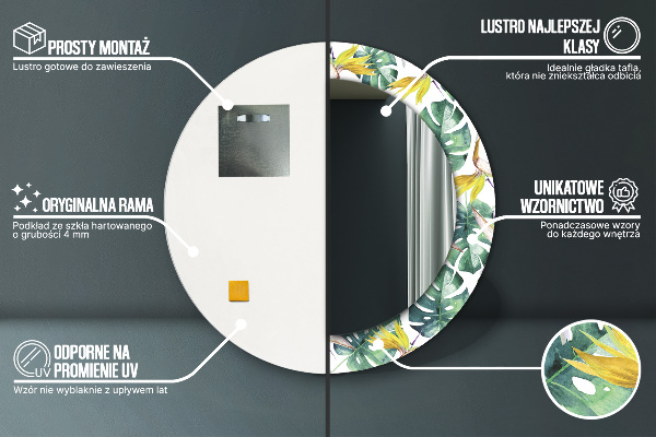 Lustro z drukowaną ramką okrągłe Liście tropikalne