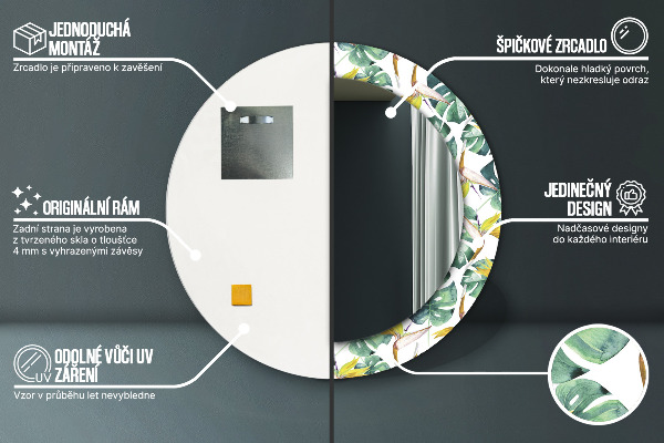 Lustro z drukowaną ramką okrągłe Liście tropikalne