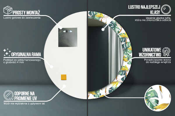 Lustro z drukowaną ramką okrągłe Liście tropikalne