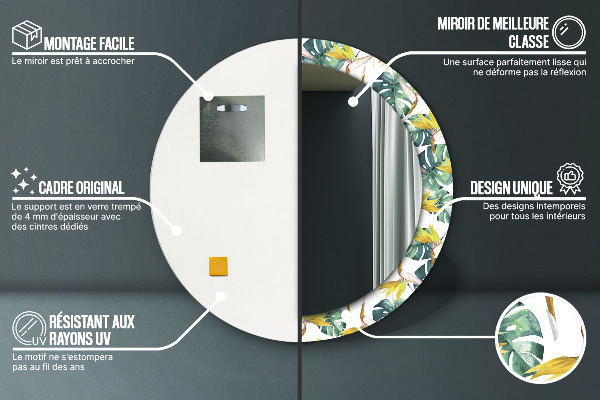 Lustro z drukowaną ramką okrągłe Liście tropikalne