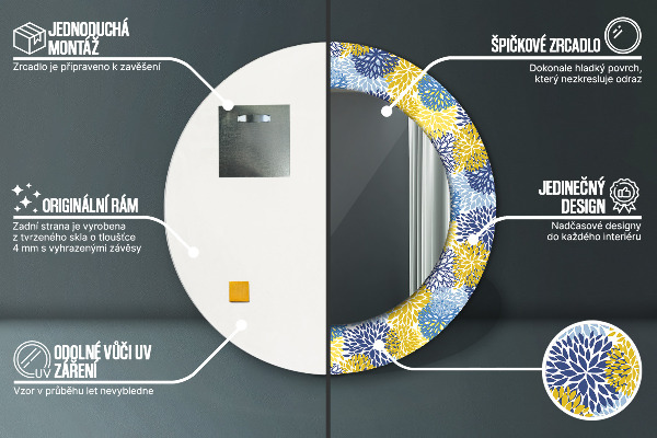 Lustro z drukowaną ramką okrągłe Niebieskie kwiaty