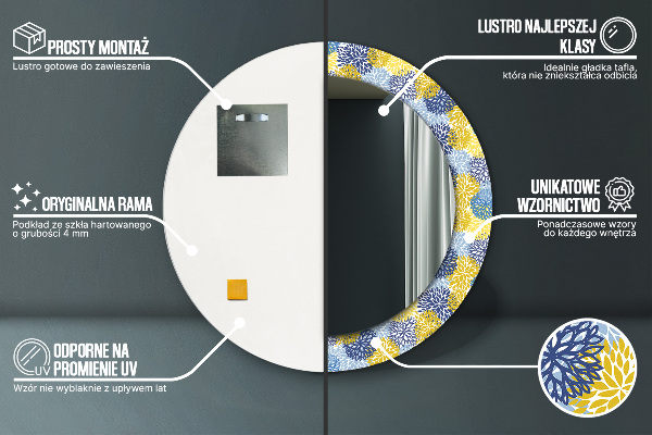 Lustro z drukowaną ramką okrągłe Niebieskie kwiaty