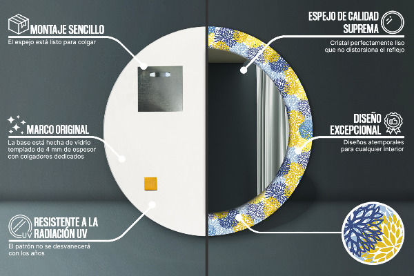 Lustro z drukowaną ramką okrągłe Niebieskie kwiaty