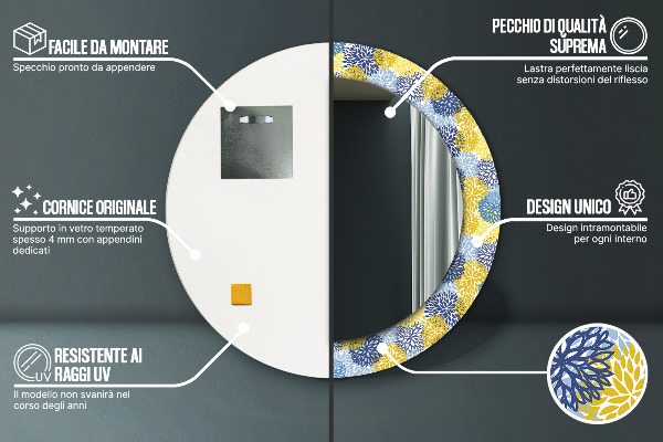 Lustro z drukowaną ramką okrągłe Niebieskie kwiaty