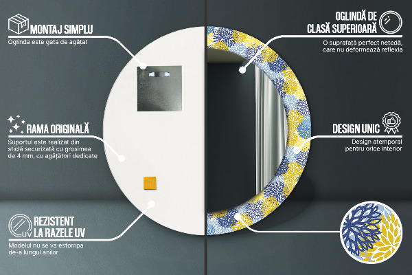 Lustro z drukowaną ramką okrągłe Niebieskie kwiaty