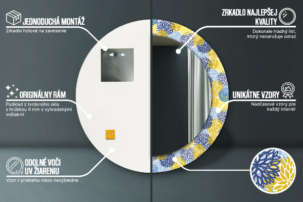 Lustro z drukowaną ramką okrągłe Niebieskie kwiaty