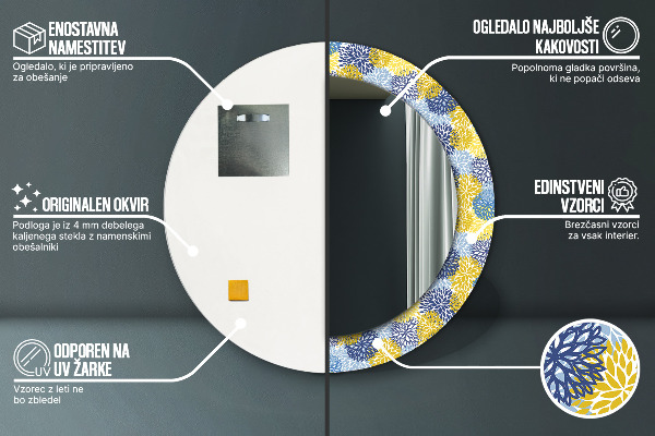 Lustro z drukowaną ramką okrągłe Niebieskie kwiaty