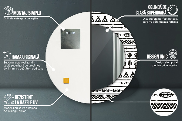 Lustro z drukowaną ramką okrągłe Boho minimalistyczny