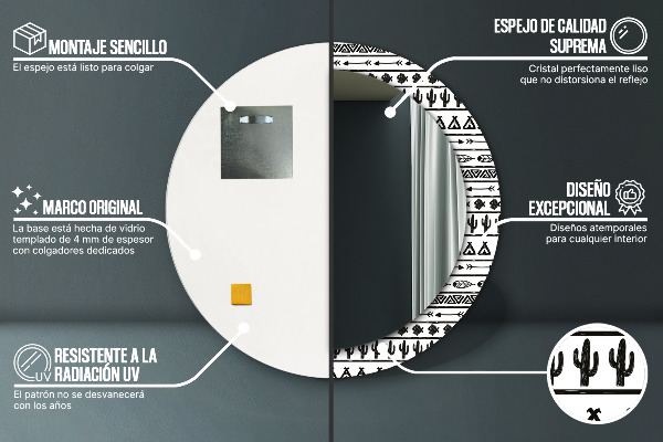 Lustro z drukowaną ramką okrągłe Boho minimalistyczny
