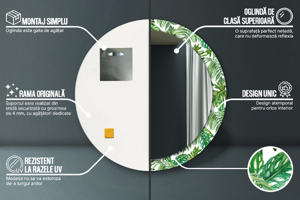 Lustro z drukowaną ramką okrągłe Liście dżungli