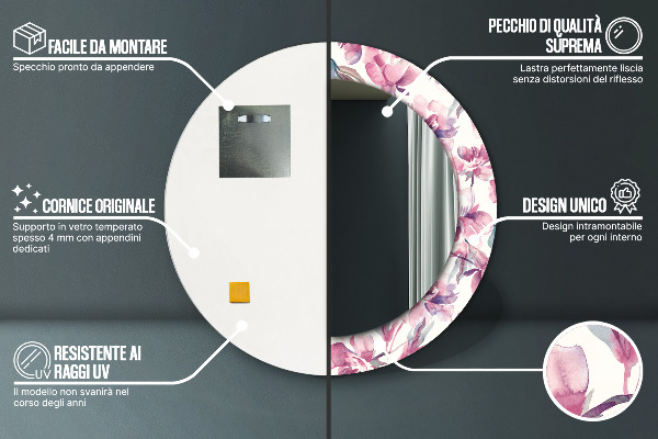 Lustro ścienne dekoracyjne okrągłe Piwonie kwiaty