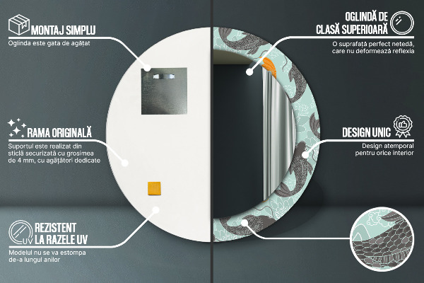 Lustro z drukowaną ramką okrągłe Chiński karp