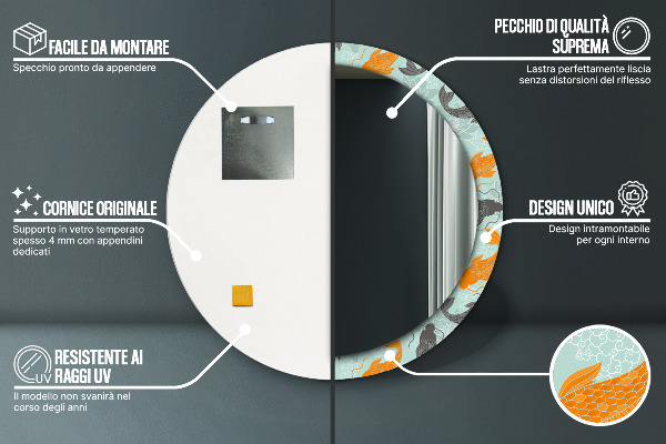Lustro z drukowaną ramką okrągłe Chiński karp