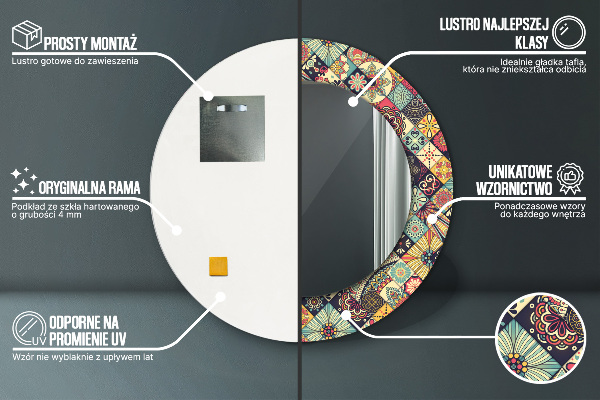 Lustro z drukowaną ramką okrągłe Etniczny kwiatowy