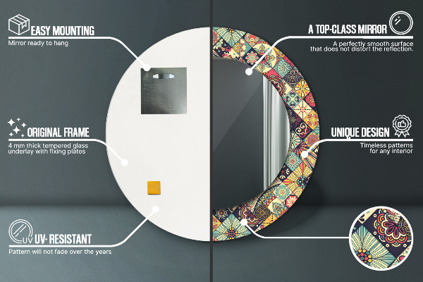 Lustro z drukowaną ramką okrągłe Etniczny kwiatowy