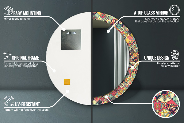 Lustro z drukowaną ramką okrągłe Etniczny kwiatowy