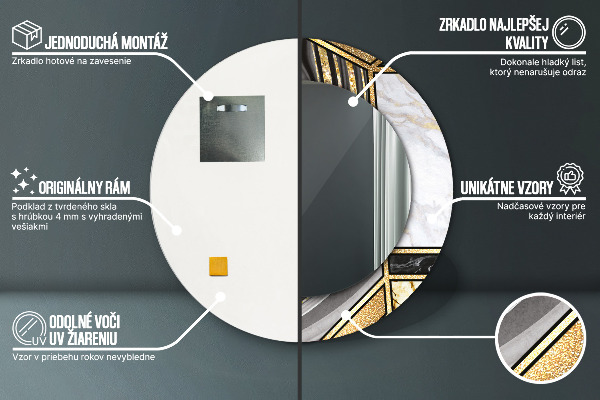 Lustro z drukowaną ramką okrągłe Marmur agat i złoto