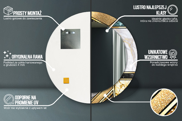 Lustro z drukowaną ramką okrągłe Marmur agat i złoto