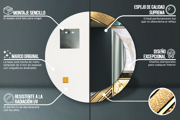 Lustro z drukowaną ramką okrągłe Marmur agat i złoto