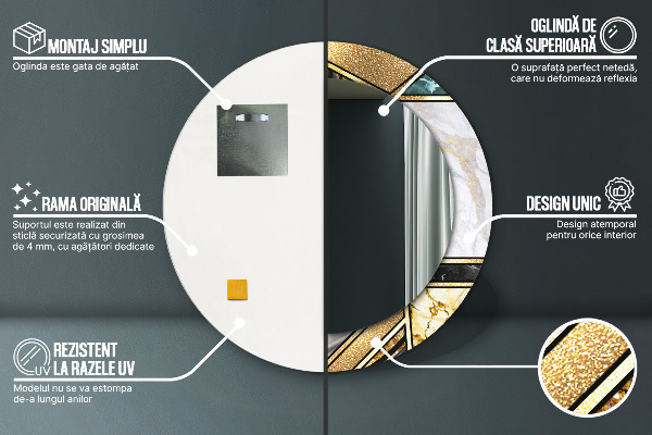 Lustro z drukowaną ramką okrągłe Marmur agat i złoto