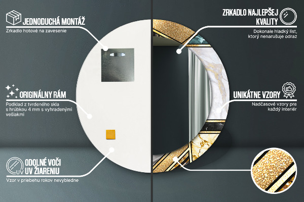 Lustro z drukowaną ramką okrągłe Marmur agat i złoto