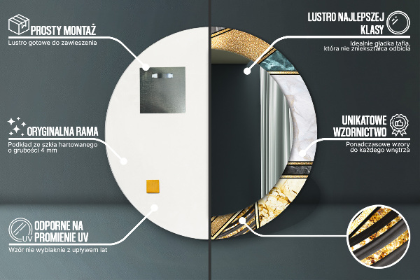 Lustro z drukowaną ramką okrągłe Marmur agat i złoto