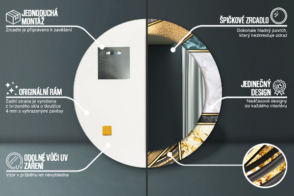 Lustro z drukowaną ramką okrągłe Marmur agat i złoto