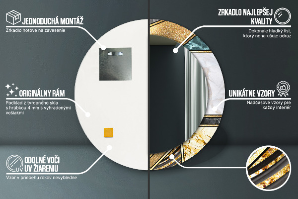 Lustro z drukowaną ramką okrągłe Marmur agat i złoto